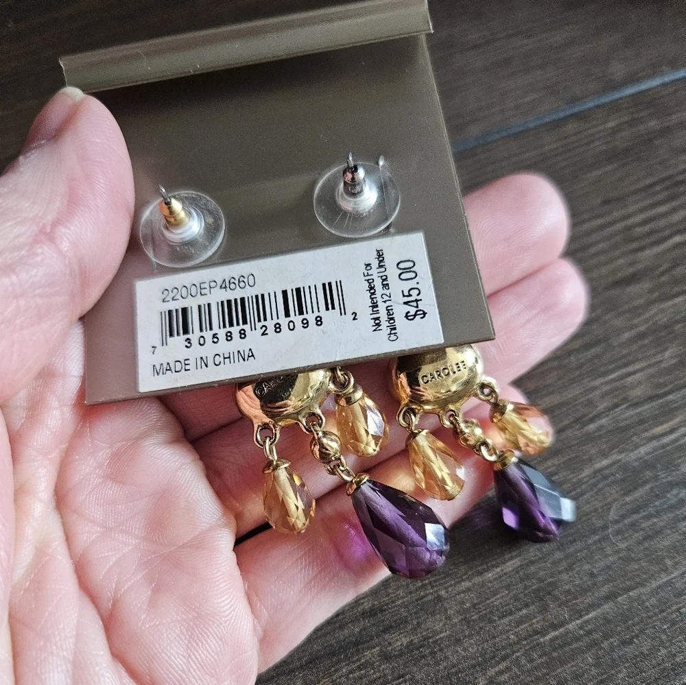 NWT Carolee Purple & Gold Crystal Drop Earrings - Picture 2 of 4